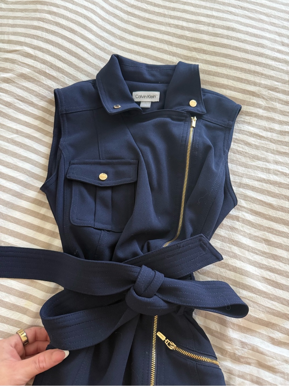 Calvin Klein Navy Sleeveless Belted Zip Romper with Gold Hardware - Picture 3 of 6
